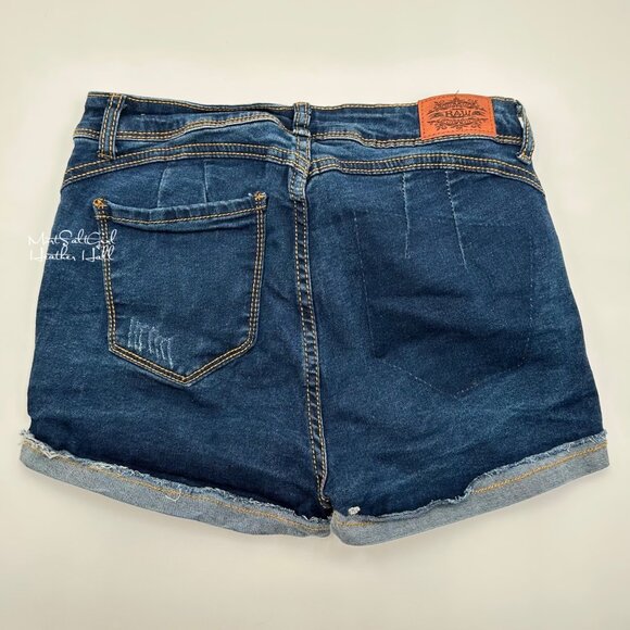 Raw 7 Dark Wash Loose Cuffed Hem One Pocket High Rise Denim Shorts Size 7 - Picture 2 of 3